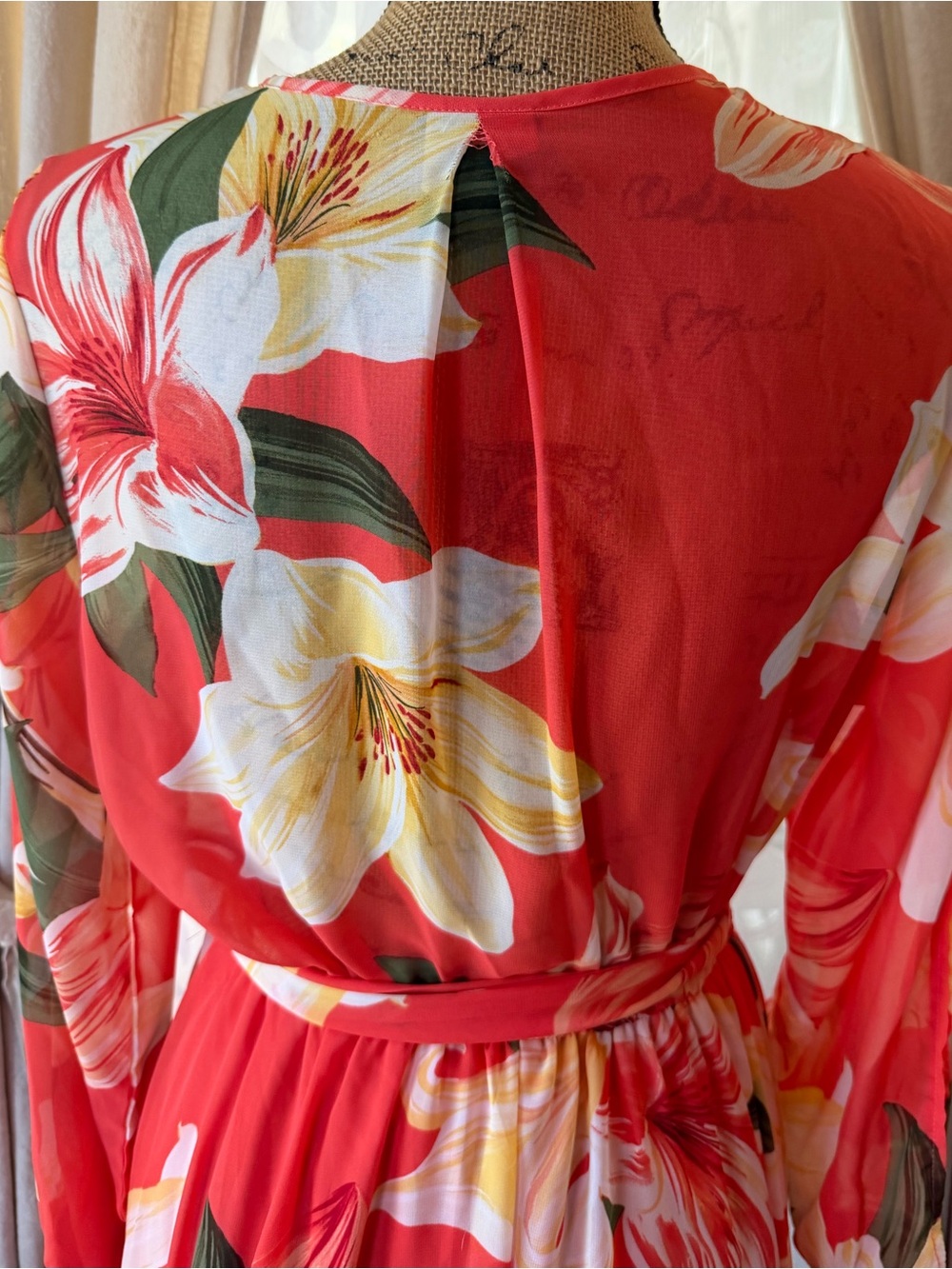 Kate & Lily Coral Floral Chiffon Wrap Maxi Dress Long Sleeve Belted Size 8 - Picture 9 of 11